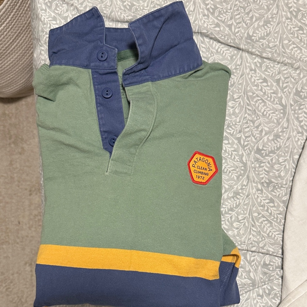 Patagonia Polo in Green and Navy with Yellow Stripe